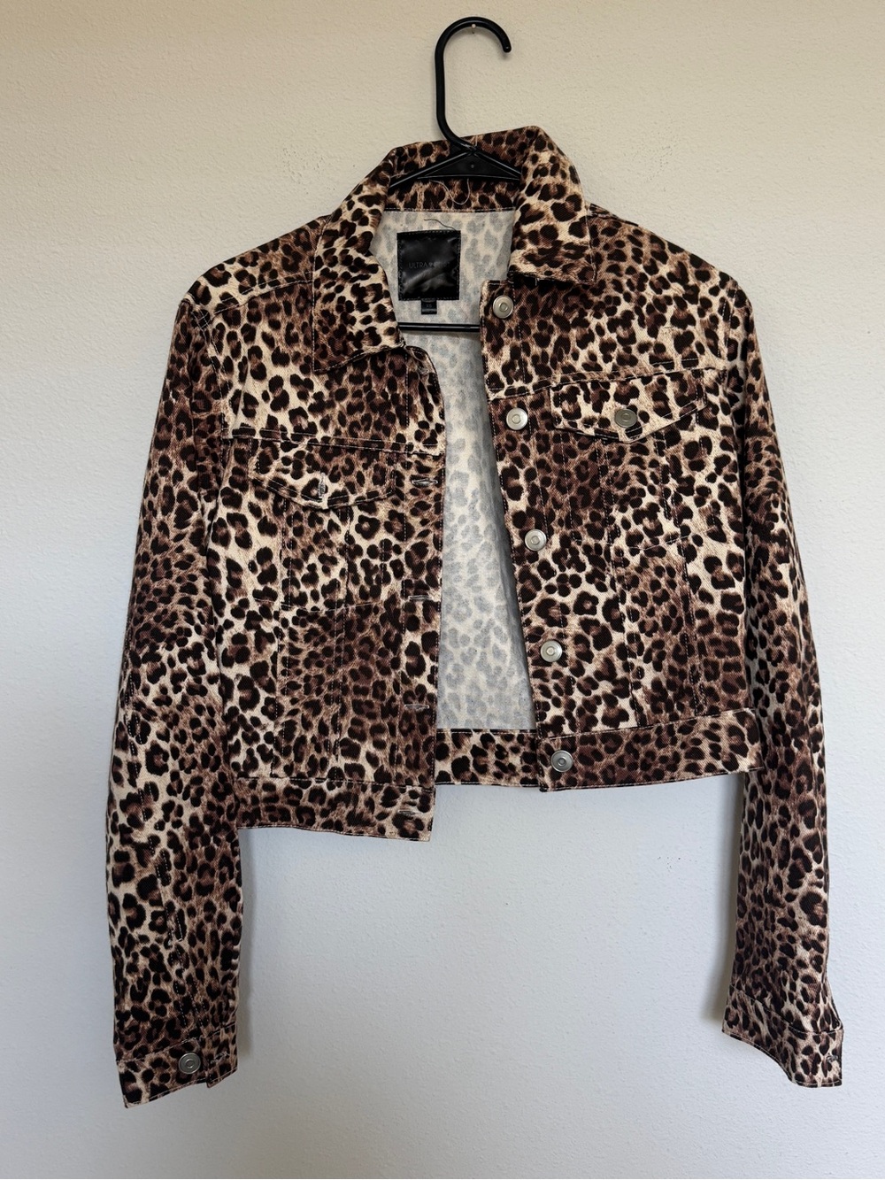 Ultra Flirt Leopard Print Cropped Jean Jacket - Brown/Black